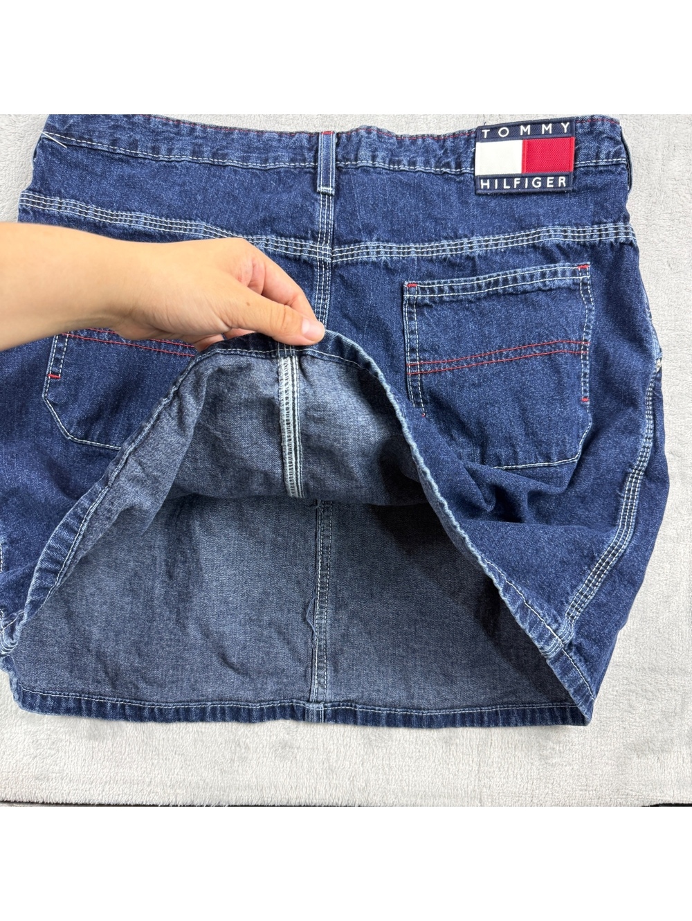 VTG Tommy Hilfiger Denim Skirt Womens 13 Jeans Flag Logo Worker Y2K Canada Made - Picture 7 of 11